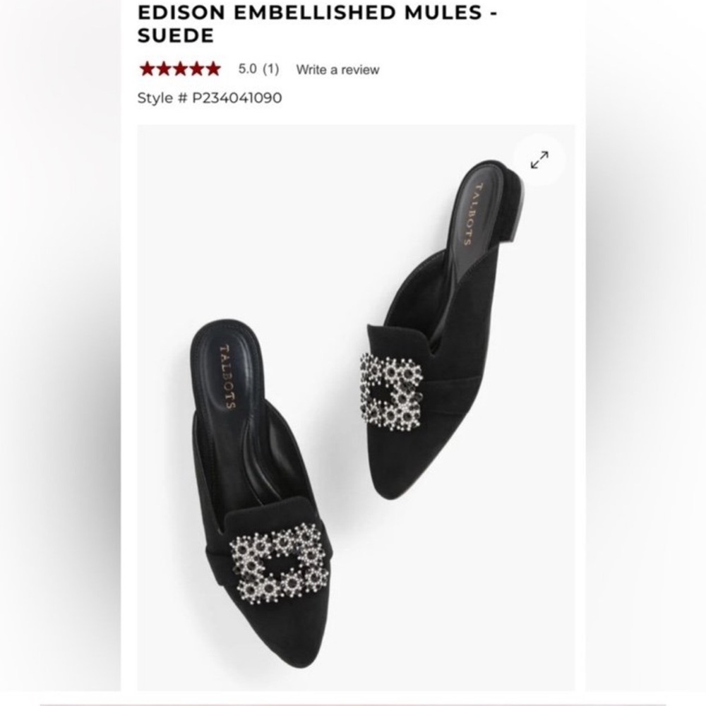 Talbots Edison Black Suede Crystal Buckle Mule Flats Pointed Toe Size 10